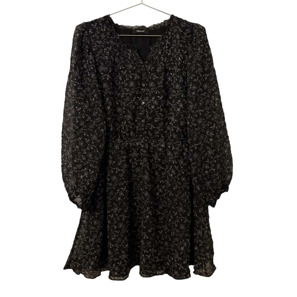 Madewell Black Floral Crinkled Bell Sleeve Knee Length Dress L - Picture 2 of 8